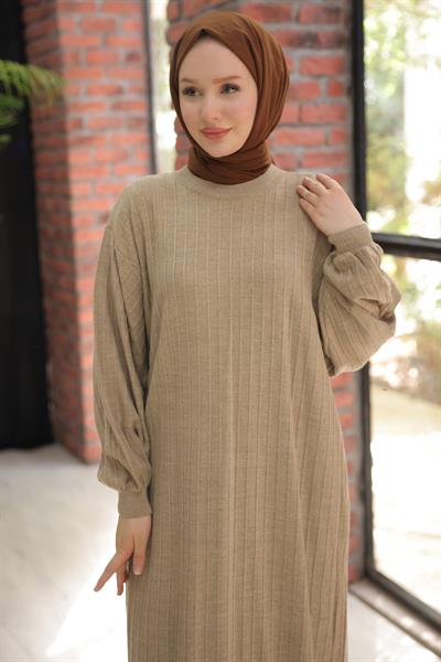 Bisiklet Yaka Balon Kol Triko Elbise Vizon HM2518