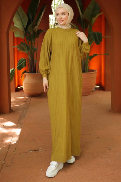 Bisiklet Yaka Balon Kol Triko Elbise Yağ Yeşili HM2518