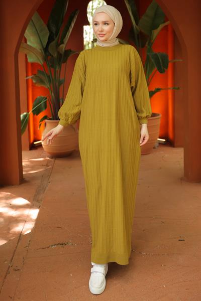 Bisiklet Yaka Balon Kol Triko Elbise Yağ Yeşili HM2518