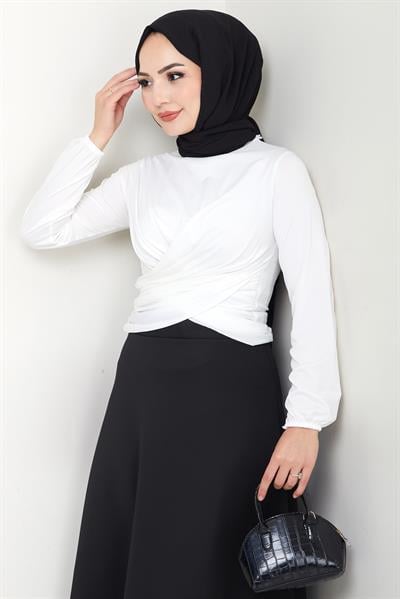 Bisiklet Yaka Büzgülü Sandy Bluz Beyaz HM2765