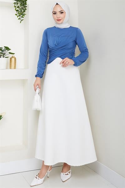 Bisiklet Yaka Büzgülü Sandy Bluz İndigo HM2765