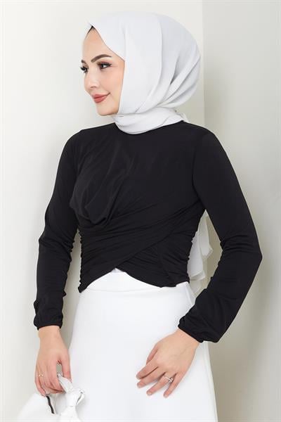 Bisiklet Yaka Büzgülü Sandy Bluz Siyah HM2765