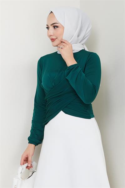 Bisiklet Yaka Büzgülü Sandy Bluz Zümrüt HM2765