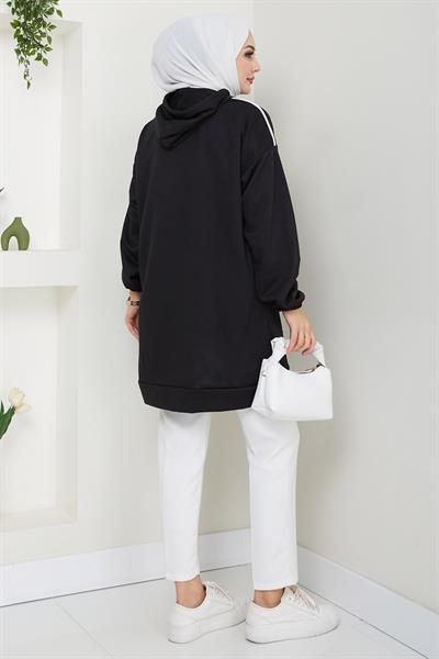Biye Detaylı Kapüşonlu Kanguru Cepli Sweatshirt Tunik Siyah HM2645