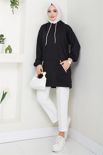 Biye Detaylı Kapüşonlu Kanguru Cepli Sweatshirt Tunik Siyah HM2645