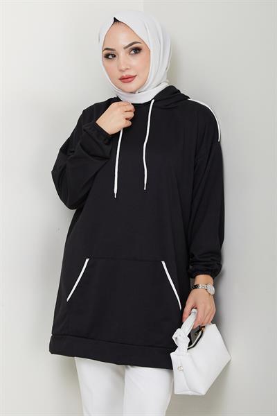 Biye Detaylı Kapüşonlu Kanguru Cepli Sweatshirt Tunik Siyah HM2645