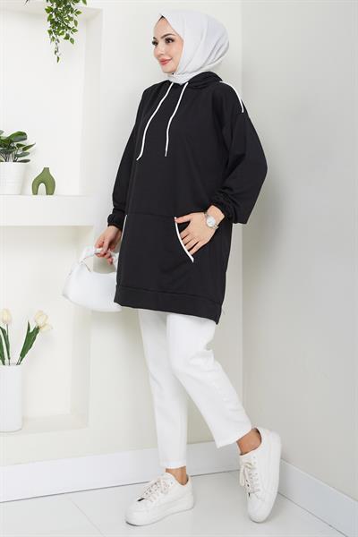Biye Detaylı Kapüşonlu Kanguru Cepli Sweatshirt Tunik Siyah HM2645