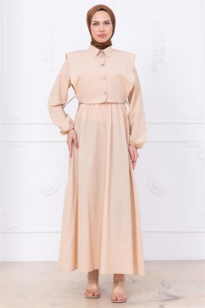 Bolerolu Beli Lastikli Elbise Bej HM2756