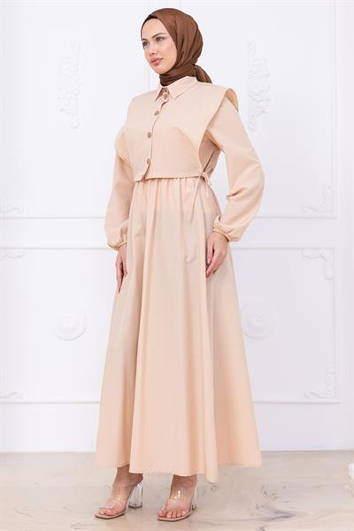 Bolerolu Beli Lastikli Elbise Bej HM2756