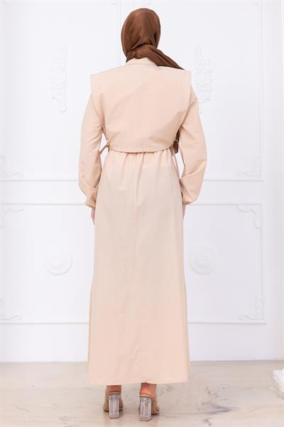 Bolerolu Beli Lastikli Elbise Bej HM2756