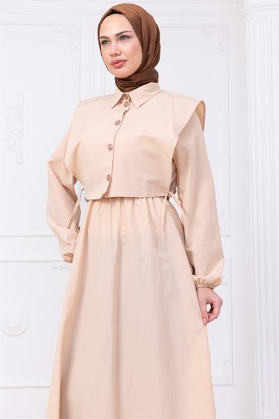 Bolerolu Beli Lastikli Elbise Bej HM2756