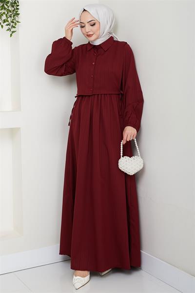Bolerolu Beli Lastikli Elbise Bordo HM2702