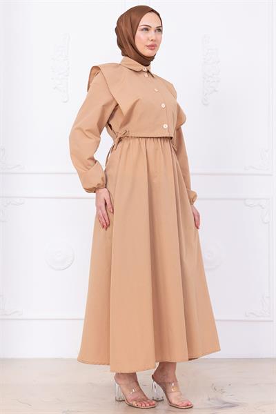 Bolerolu Beli Lastikli Elbise Camel HM2756