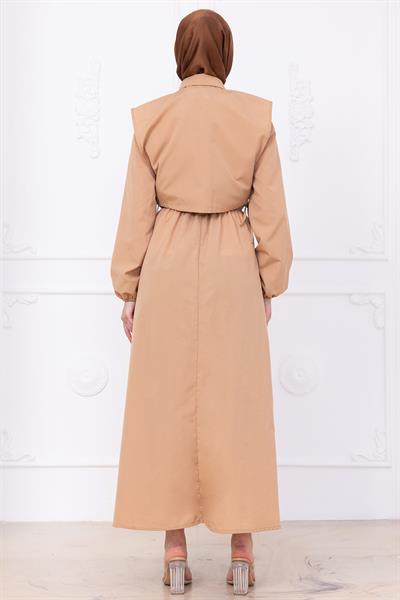 Bolerolu Beli Lastikli Elbise Camel HM2756