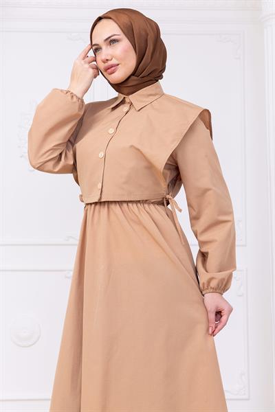 Bolerolu Beli Lastikli Elbise Camel HM2756