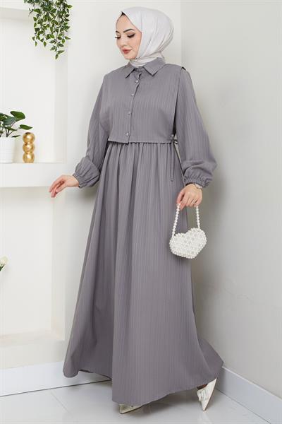 Bolerolu Beli Lastikli Elbise Gri HM2702