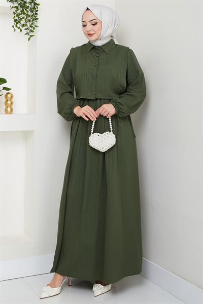 Bolerolu Beli Lastikli Elbise Haki HM2702