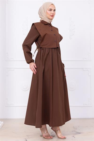 Bolerolu Beli Lastikli Elbise Kahverengi HM2756