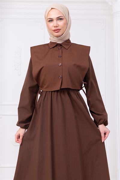 Bolerolu Beli Lastikli Elbise Kahverengi HM2756