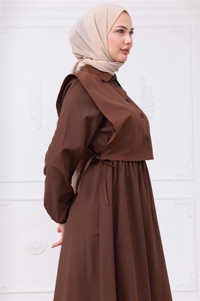 Bolerolu Beli Lastikli Elbise Kahverengi HM2756