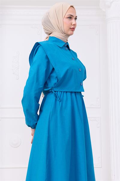 Bolerolu Beli Lastikli Elbise Mavi HM2756