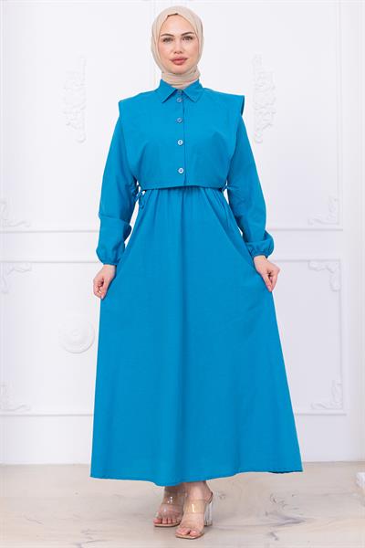 Bolerolu Beli Lastikli Elbise Mavi HM2756