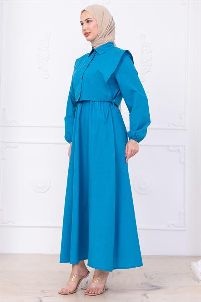 Bolerolu Beli Lastikli Elbise Mavi HM2756