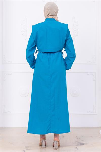 Bolerolu Beli Lastikli Elbise Mavi HM2756