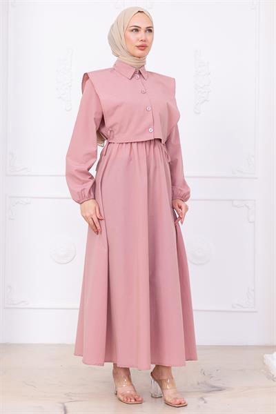 Bolerolu Beli Lastikli Elbise Pembe HM2756