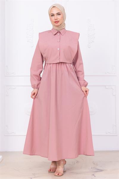 Bolerolu Beli Lastikli Elbise Pembe HM2756