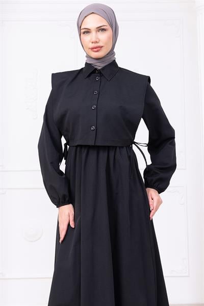 Bolerolu Beli Lastikli Elbise Siyah HM2756