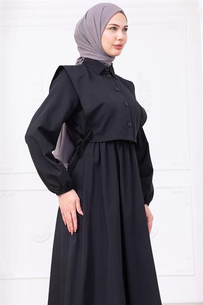 Bolerolu Beli Lastikli Elbise Siyah HM2756