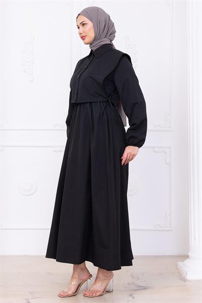 Bolerolu Beli Lastikli Elbise Siyah HM2756