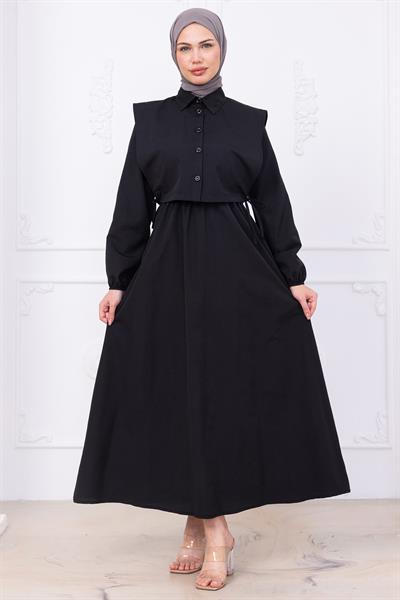 Bolerolu Beli Lastikli Elbise Siyah HM2756