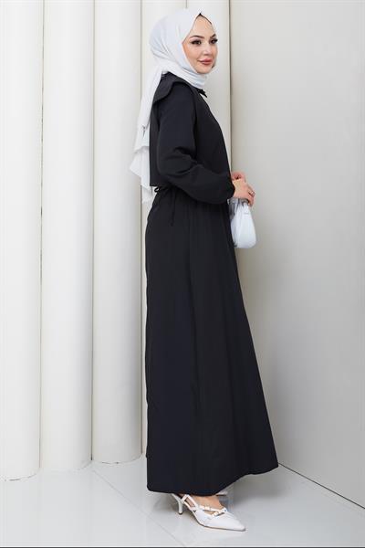 Bolerolu Beli Lastikli Tesettür Elbise Siyah HM262756
