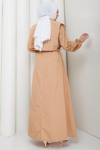 Bolerolu Beli Lastikli Tesettür Elbise Camel HM262756