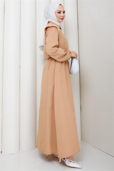 Bolerolu Beli Lastikli Tesettür Elbise Camel HM262756