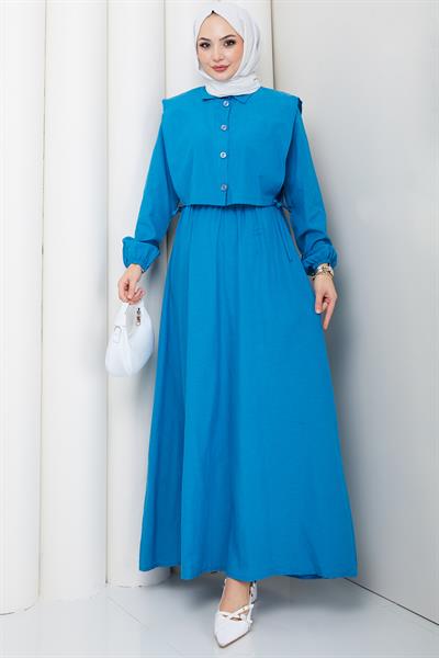 Bolerolu Beli Lastikli Tesettür Elbise Mavi HM262756