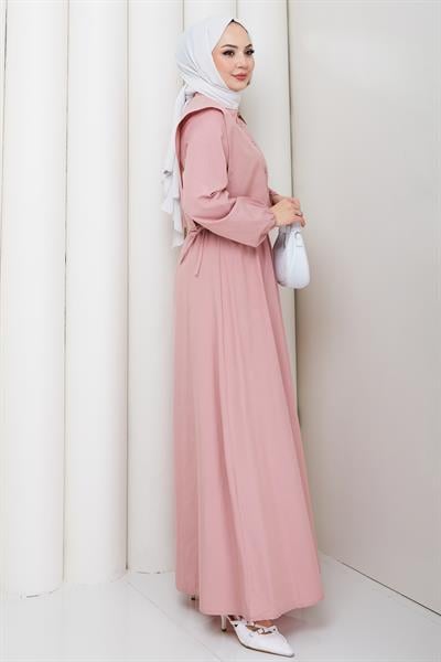 Bolerolu Beli Lastikli Tesettür Elbise Pembe HM262756
