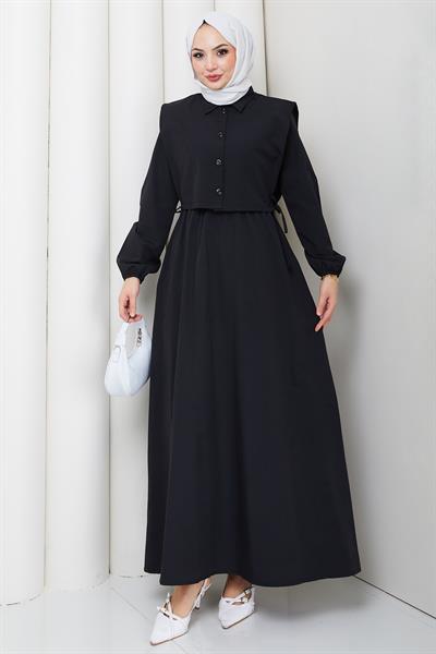 Bolerolu Beli Lastikli Tesettür Elbise Siyah HM262756