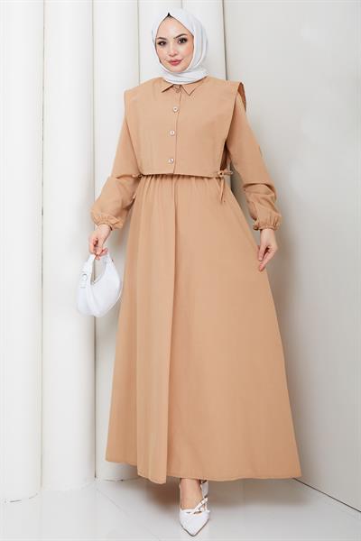 Bolerolu Beli Lastikli Tesettür Elbise Camel HM262756