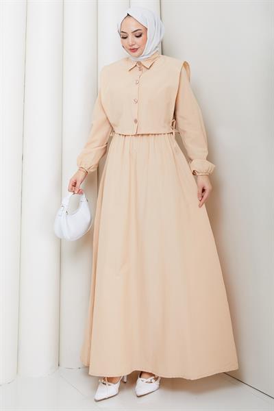 Bolerolu Beli Lastikli Tesettür Elbise Bej HM262756