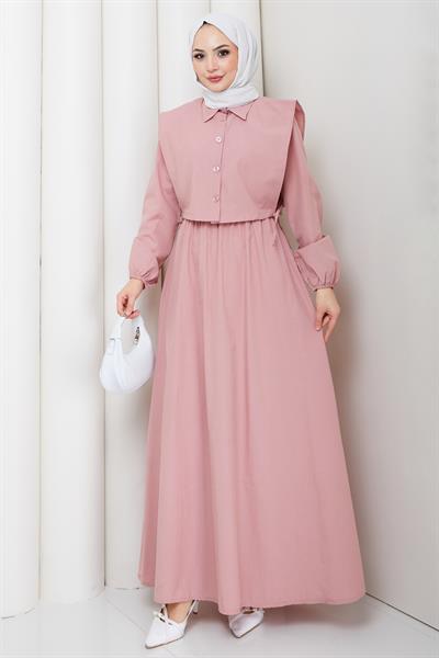 Bolerolu Beli Lastikli Tesettür Elbise Pembe HM262756