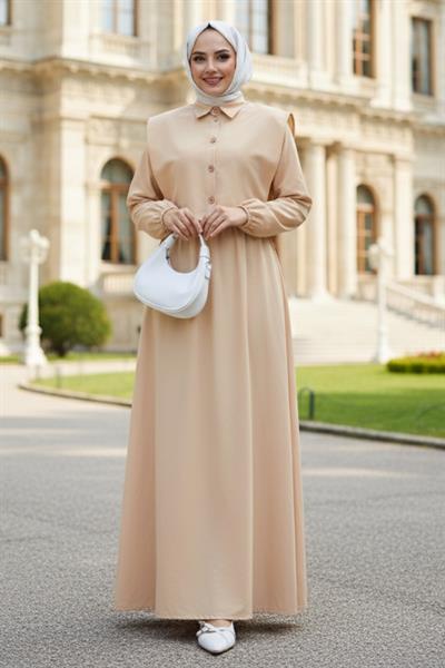 Bolerolu Beli Lastikli Tesettür Elbise Bej HM262756