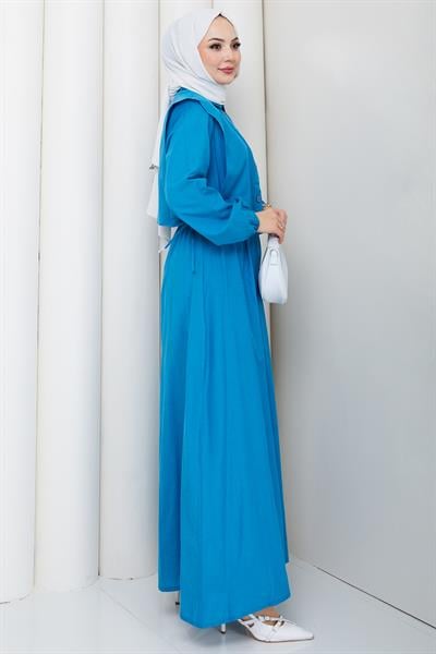 Bolerolu Beli Lastikli Tesettür Elbise Mavi HM262756