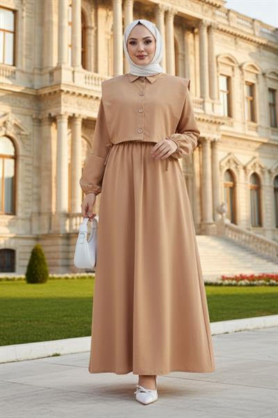 Bolerolu Beli Lastikli Tesettür Elbise Camel HM262756