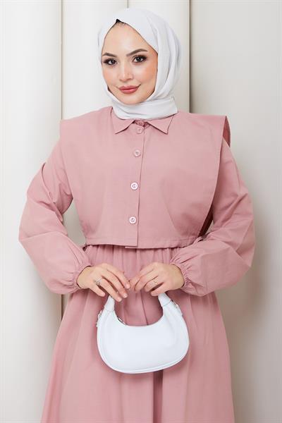 Bolerolu Beli Lastikli Tesettür Elbise Pembe HM262756