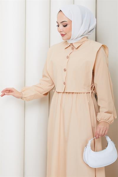 Bolerolu Beli Lastikli Tesettür Elbise Bej HM262756