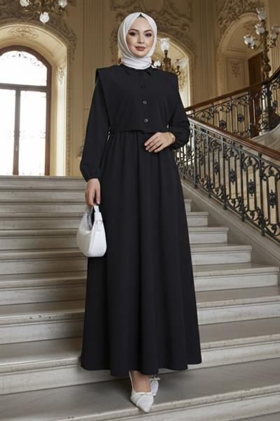 Bolerolu Beli Lastikli Tesettür Elbise Siyah HM262756