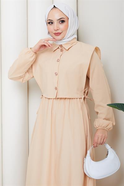 Bolerolu Beli Lastikli Tesettür Elbise Bej HM262756